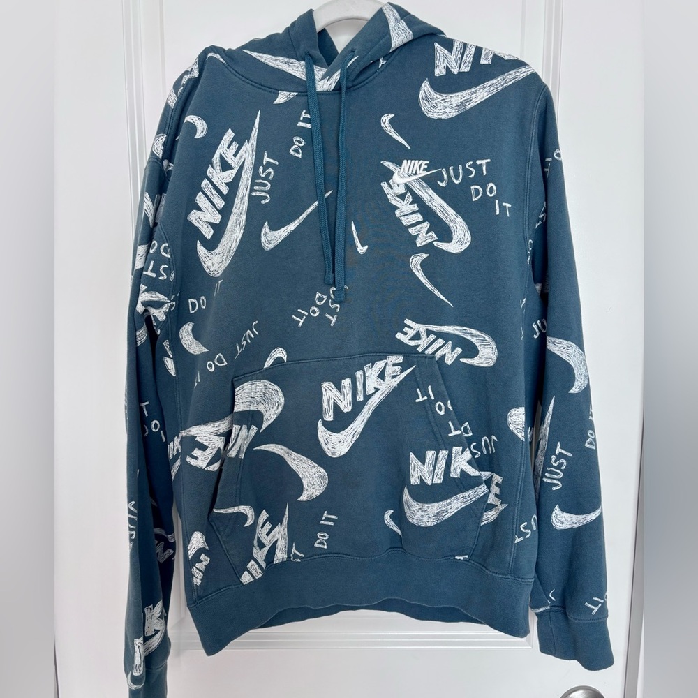 Nike All Over Swoosh Logo Hoodie Small Just Do It Graphic Pullover Sweatshirt S